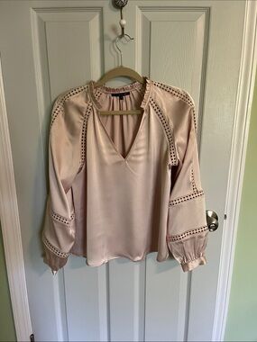 Light Pink V-Neck Lace-Trim Balloon Sleeve Blouse